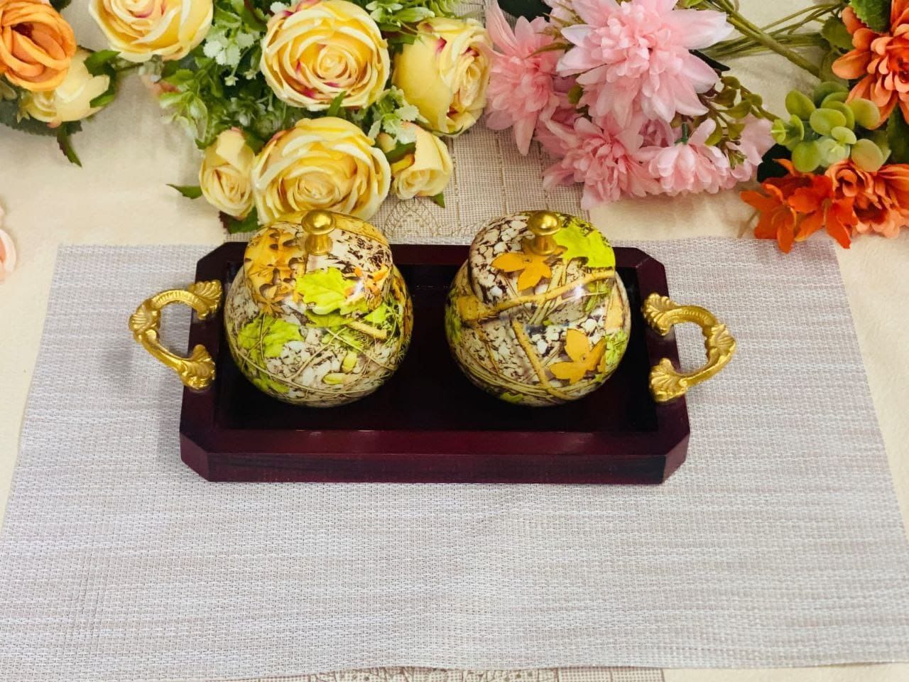 CP Premium 2-Piece Decorative Copper Storage Container Set with Wooden Tray | Multipurpose Dry Fruit, Candy & Mukhwas Serving Jars