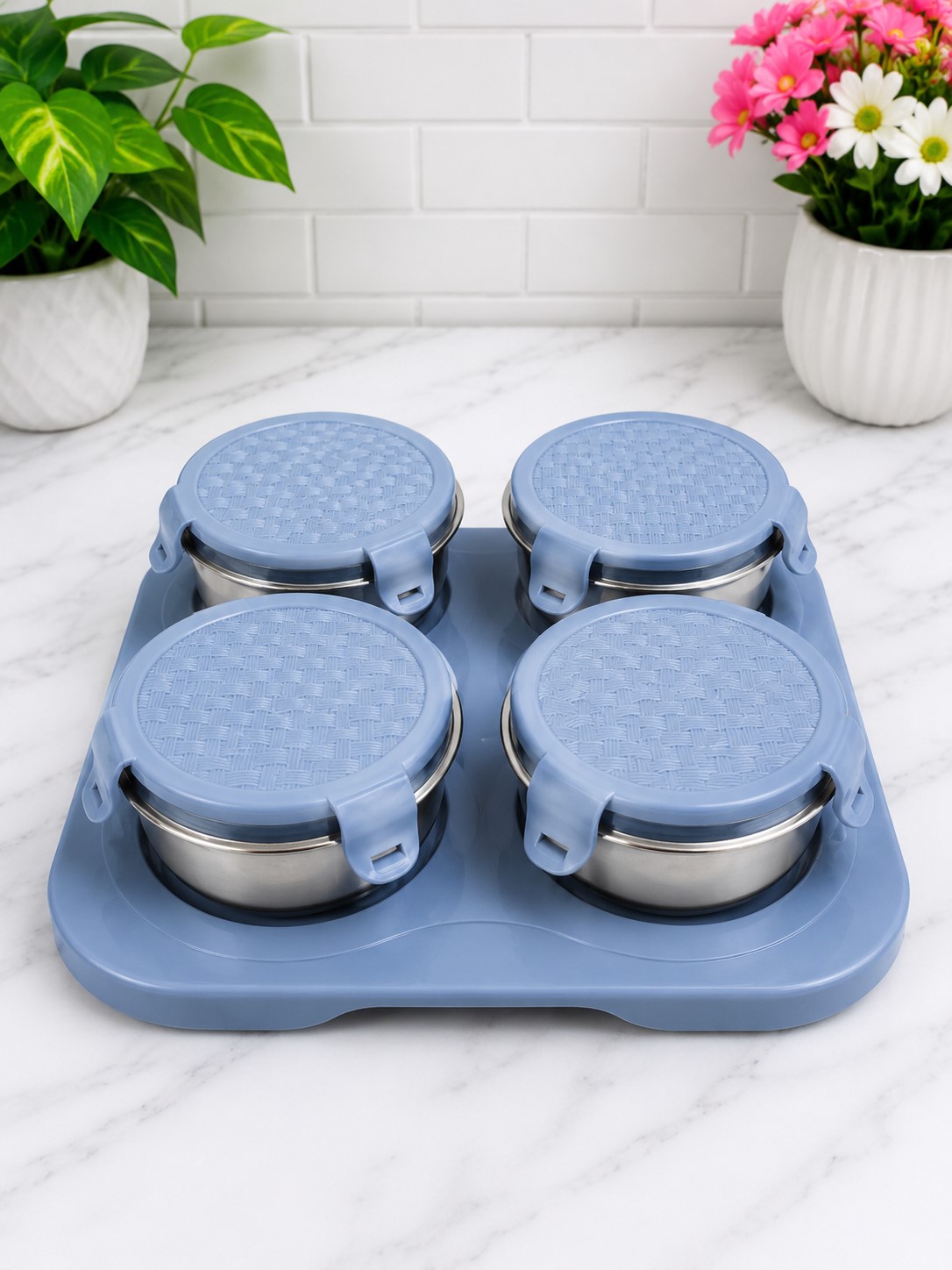 CP Premium Stainless Steel Container Set with Tray | Set of 4 Airtight Food Storage Containers for Snacks, Dry Fruits, Pickles & Kitchen Organization