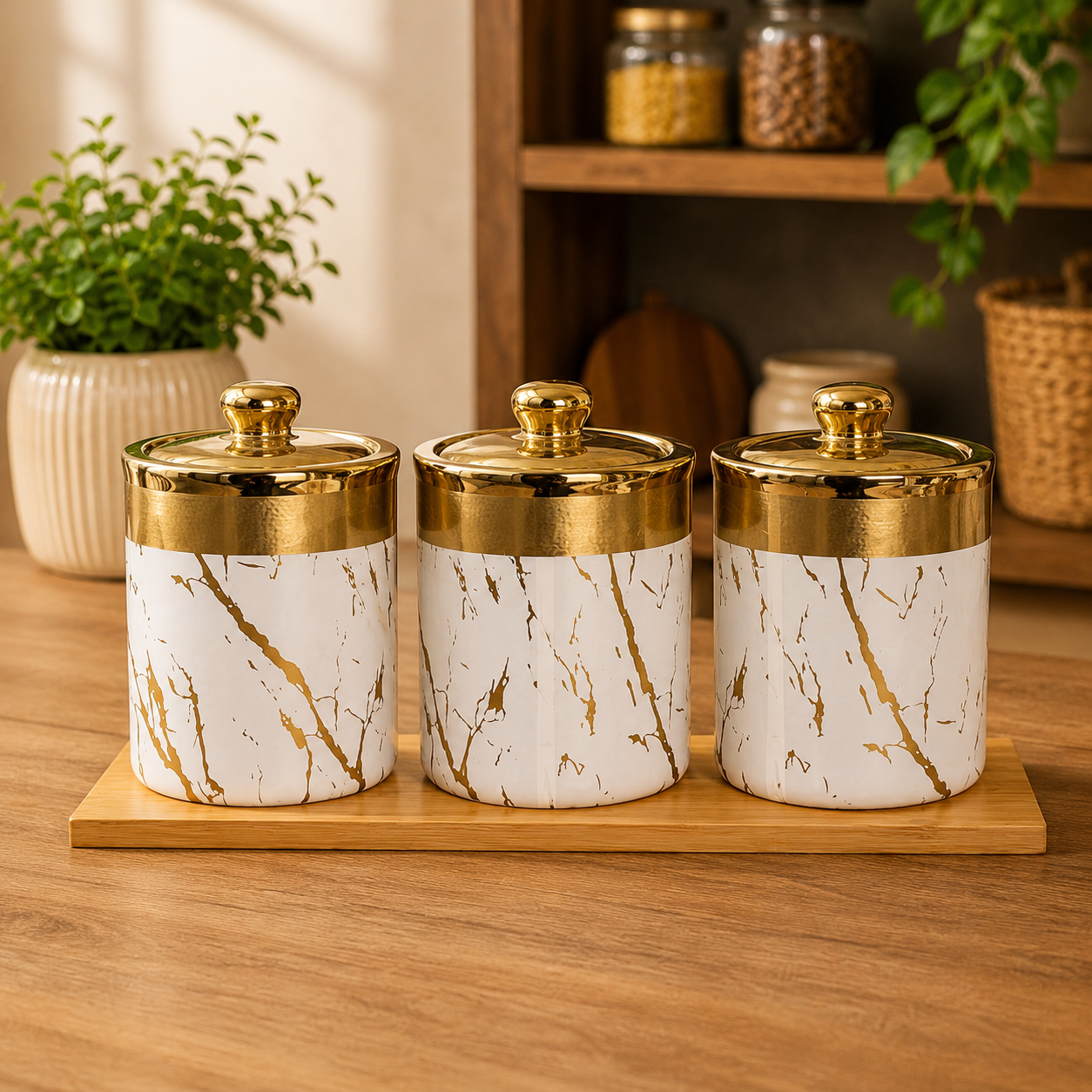 CP Premium Marble Finish Ceramic Jar Set with Bamboo Tray | Set of 4 Kitchen Storage Canisters with Golden Lid for Tea, Coffee, Sugar, Dry Fruits & Snacks
