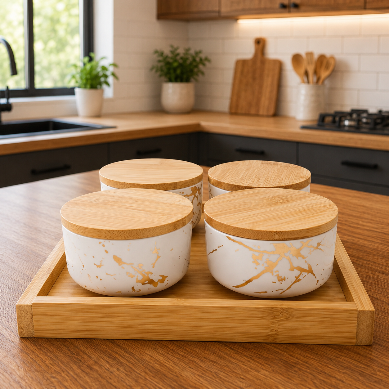 HENIGAR 5-Piece Porcelain Storage Container Set with Bamboo Tray & Lids (280ml Each)