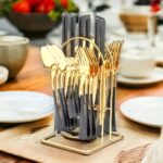Cutlery Set with Stand – Gold Plated | Stainless Steel – 24 Pcs (Black)