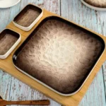 Porcelain Square Plate with 2pcs Bowl & Wooden Tray Brown
