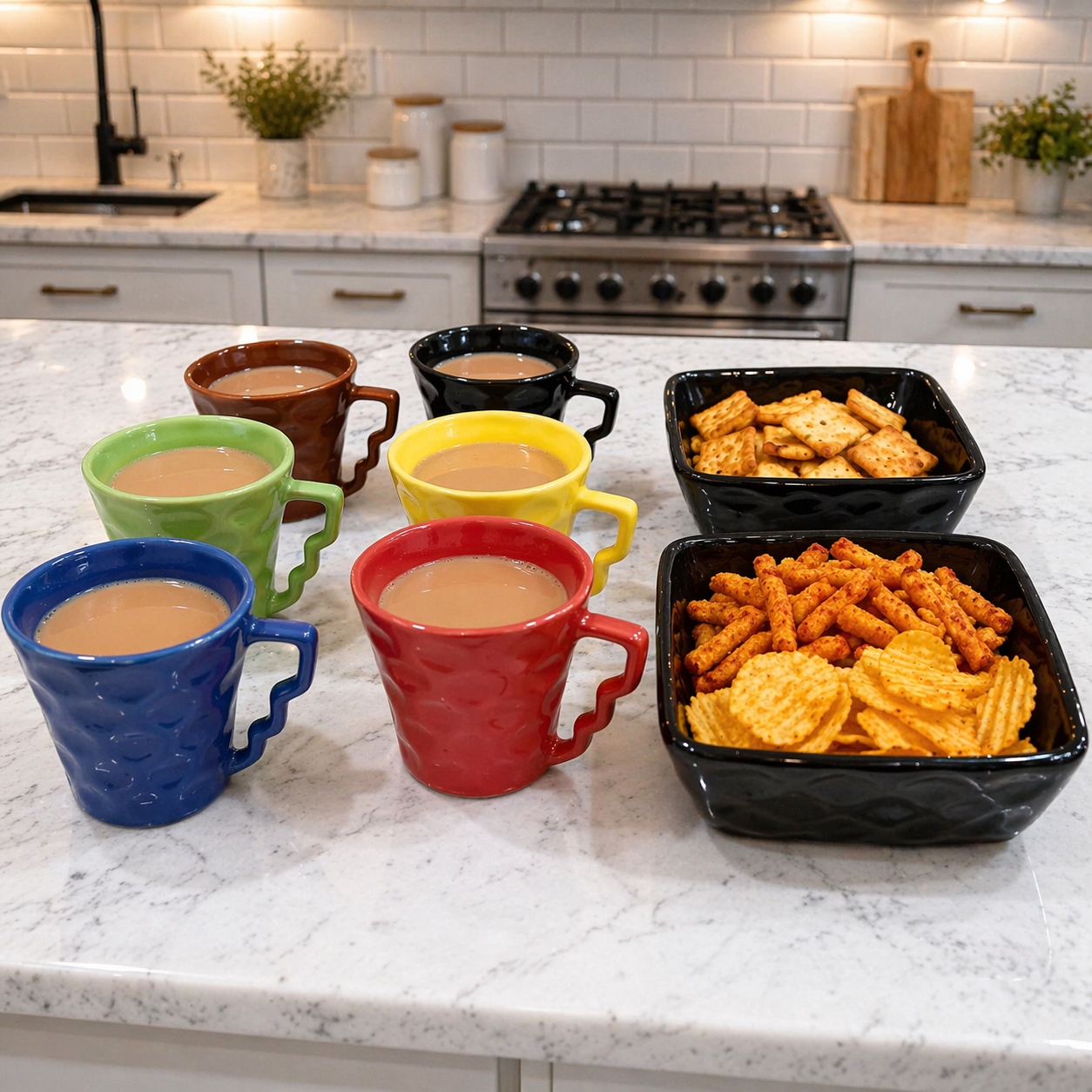 Handmade 8-Piece Tea & Snack Serving Set – 6 Ceramic Coffee Mugs with 2 Snack Bowls | Colorful Handcrafted Drinkware & Serving Collection for Family Gatherings