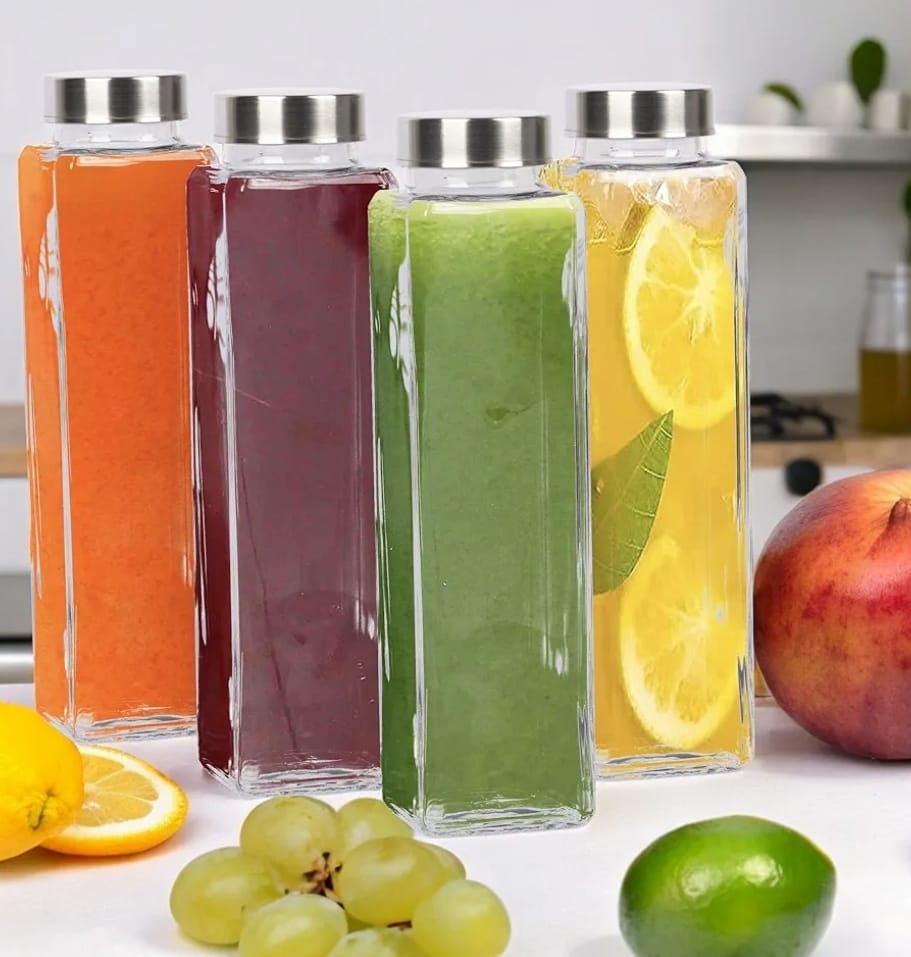 4 PCS Glass Water Bottle Set – 750ml Square Juice Bottles with Airtight Stainless Steel Lids | Reusable Leakproof Water Bottles for Juice, Smoothies, Detox Drinks, Milk & Cold Beverages