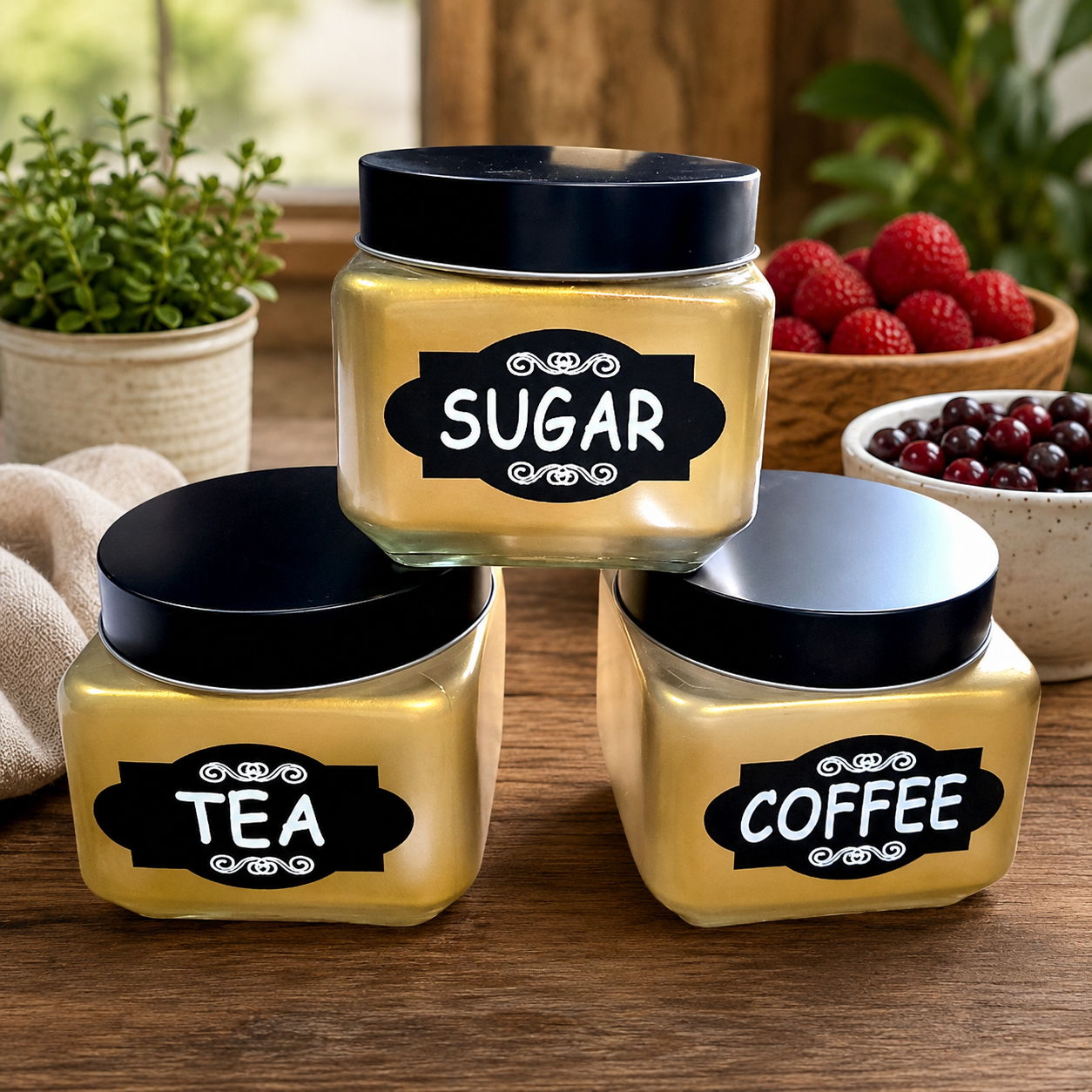 3-Piece Tea Coffee Sugar Storage Jar Set with Airtight Black Lids | Premium Kitchen Countertop Canisters , 800 ml each jar