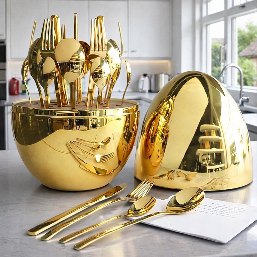 Luxury Gold Egg Cutlery Set with Egg-Shaped Storage Holder – 24-Piece Stainless Steel Mirror Finish Flatware Set for Kitchen, Dining Table & Gift Giving (Pack of 1)