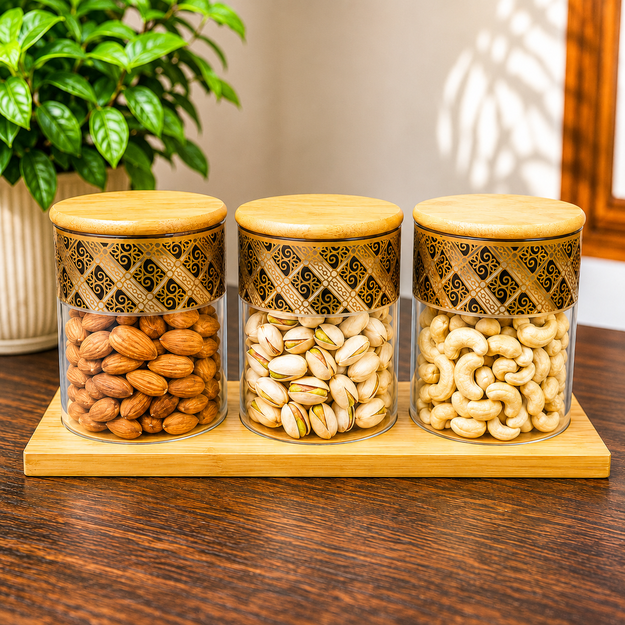 Premium Borosilicate Glass Storage Containers Set of 3 (850 ML Each) with Bamboo Lid & Decorative Design | Airtight Kitchen Storage Jars for Dry Fruits, Snacks, Tea, Coffee & Pantry Organization , Microwave safe