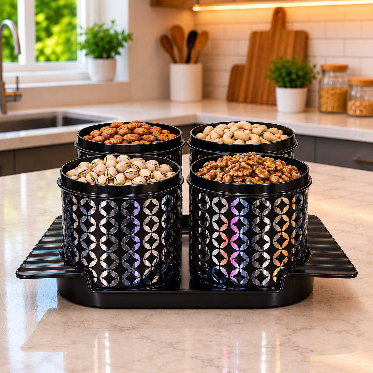 CP Premium Plastic Storage Container Set with Tray | Set of 4 Containers with Lids | Multipurpose Kitchen Storage for Dry Fruits, Snacks, Cookies & Candy