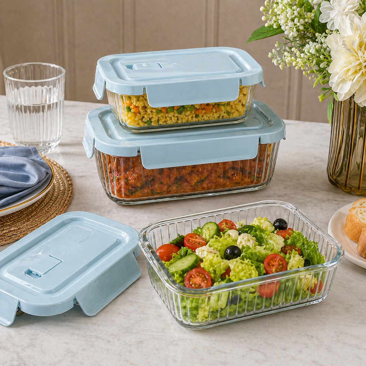 CP Glass Food Storage Container Set with Airtight Lids – 3 Pc Set (1000ml, 500ml & 250ml) | Microwave, Freezer & Dishwasher Safe