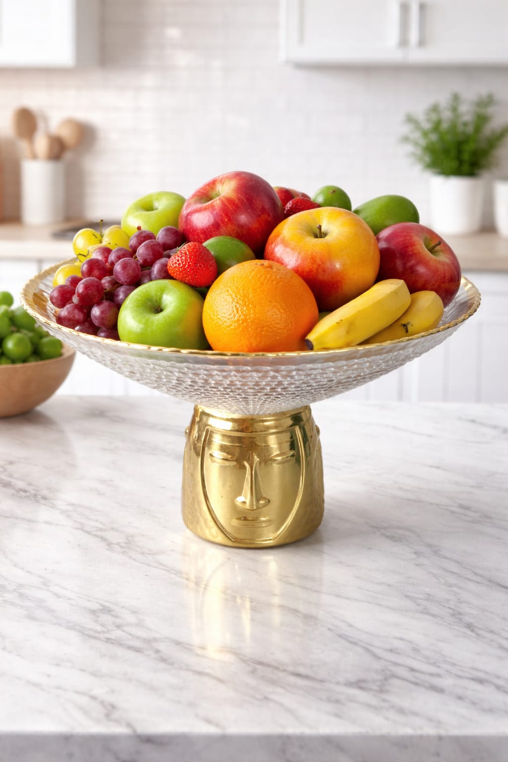 CP Premium Glass Fruit Bowl with Golden Face Metal Stand | Luxury Decorative Fruit Basket | Set of 1