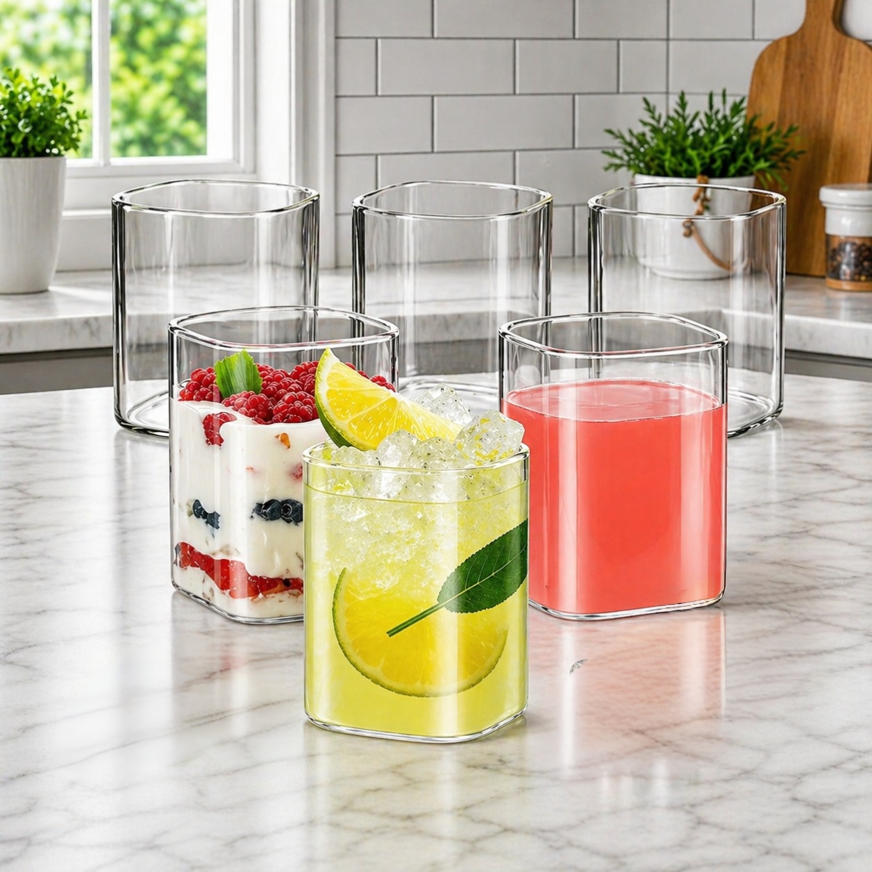 CP Borosilicate Drinking Glass Set of 6 | 230 ml Modern Square Glass Tumblers | Perfect for Water, Juice, Milk, Soft Drinks, Smoothies & Beverages