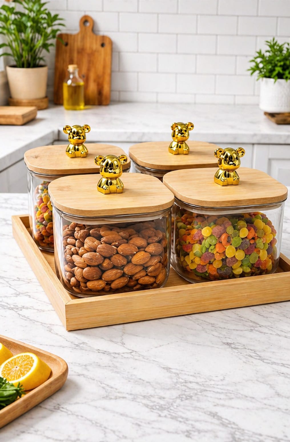 CP Crockery Glass Storage Jar Set of 4 with Wooden Tray, 300ml Each, Premium Kitchen Containers for Dry Fruits, Candy, Snacks & Spices