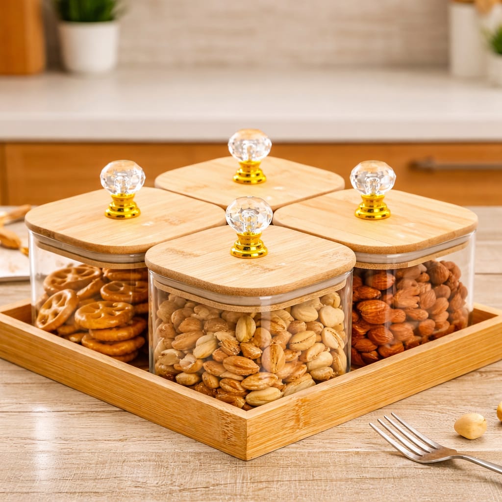 CP Glass Storage container Set of 4 (300ml Each) with Wooden Lids & Wooden Tray | Kitchen Organizer for Fruits, Candy, Spices & Dry Fruits