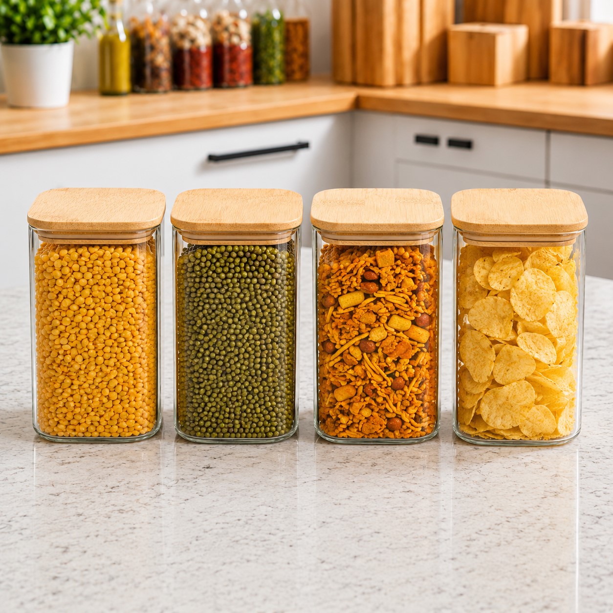 . CP Crockery 4 Piece Glass Storage Container Set (1050 ML Each) with Wooden Lid, Square Food Storage Jars for Kitchen Pantry, Cereals, Dry Fruits, Cookies, Pasta & Snacks