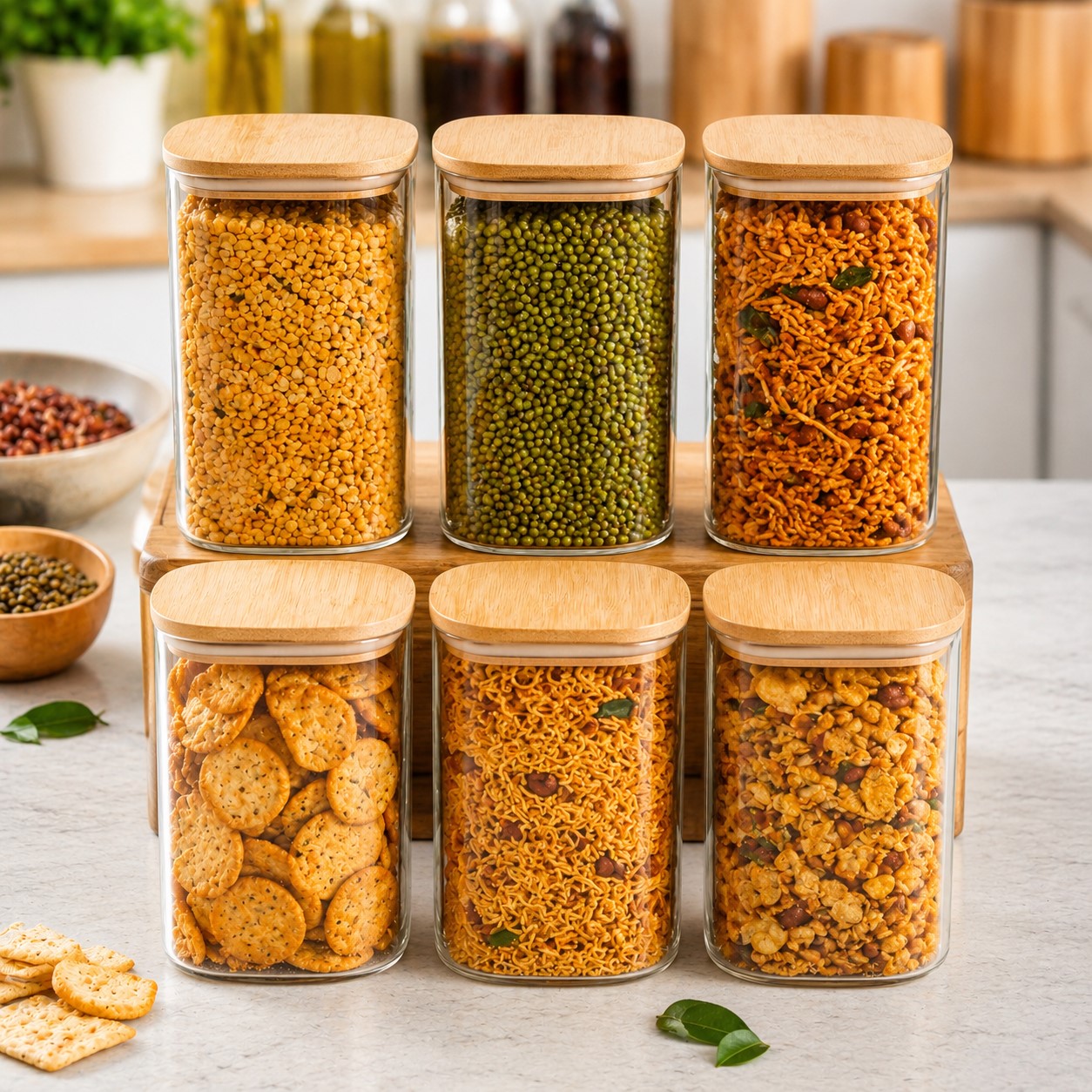 CP Premium Kitchen Storage Containers Set of 6 | 1050 ML Glass Canisters with Wooden Lids for Pantry, Cereals, Pasta, Pulses, Cookies & Snacks