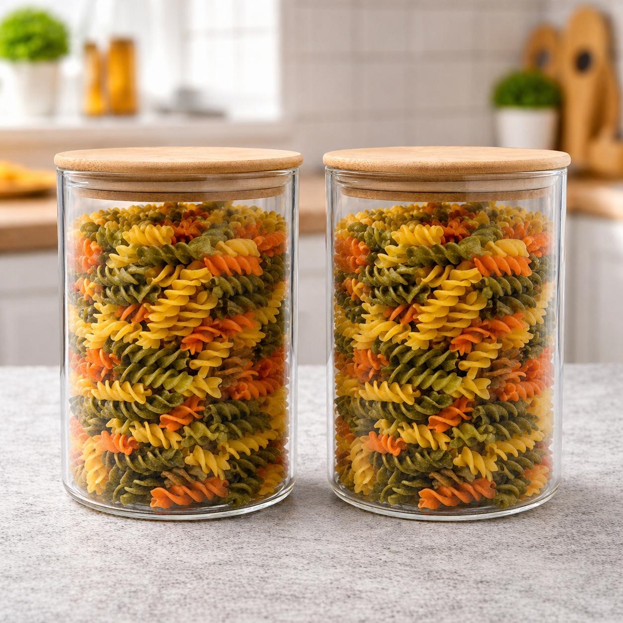 CP Glass Storage Containers Set of 2 with Bamboo Lids, 1050 ML Each | Airtight Kitchen Storage Jars for Pasta, Cereals, Snacks & Dry Foods