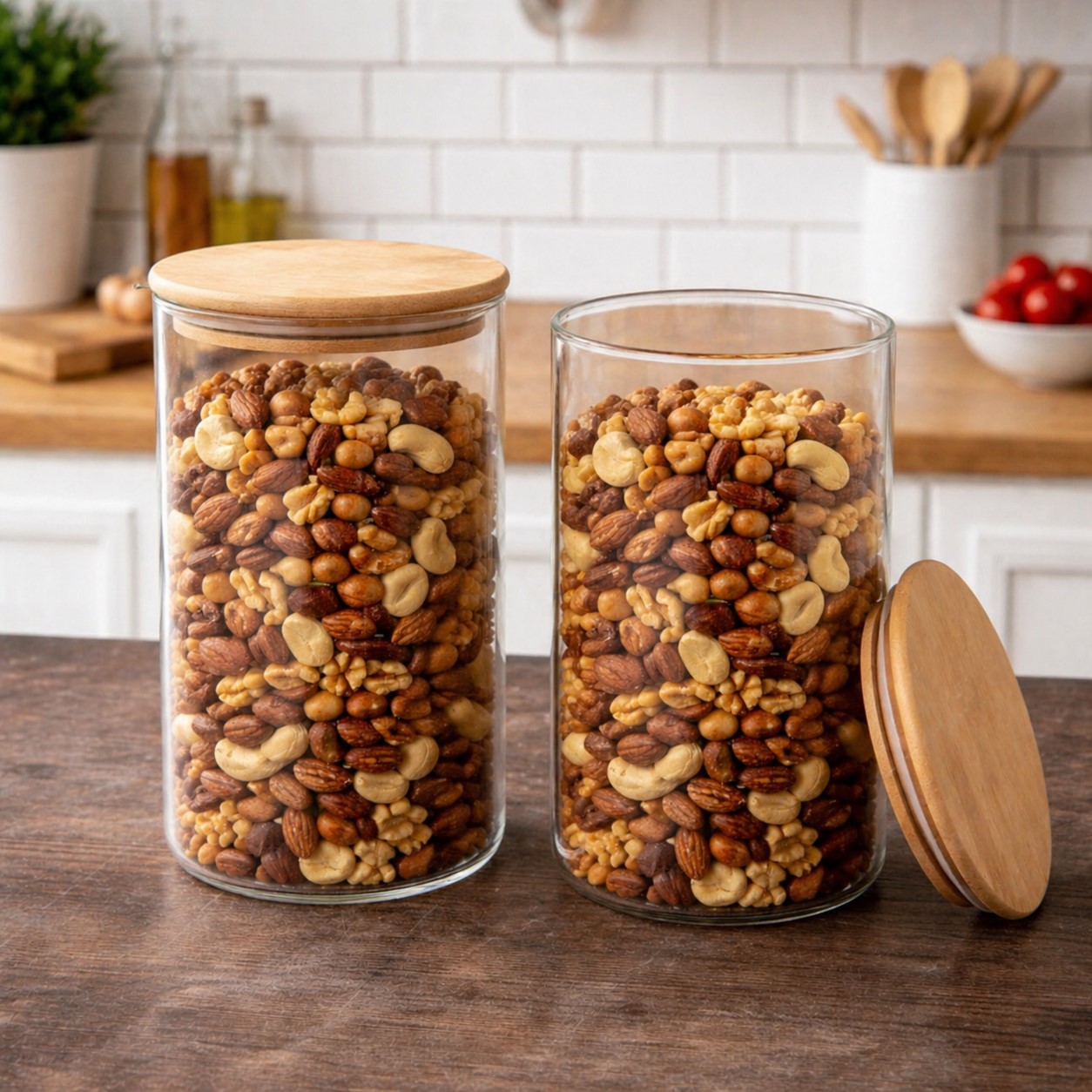 CP Set of 2 Round Glass Storage Containers 1400ml Each with Wooden Lid | Premium Food Storage Jars | Airtight Kitchen Canisters for Dry Fruits, Pulses, Cereals & Snacks