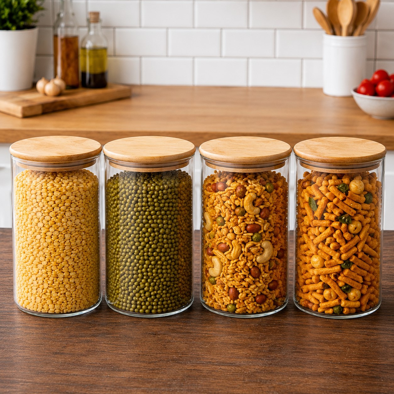 CP Set of 4 Round Glass Storage Containers 1400ml Each with Wooden Lid | Premium Kitchen Storage Jars | Airtight Glass Canisters for Dry Fruits, Pulses, Snacks, Cereals & Pantry Organization