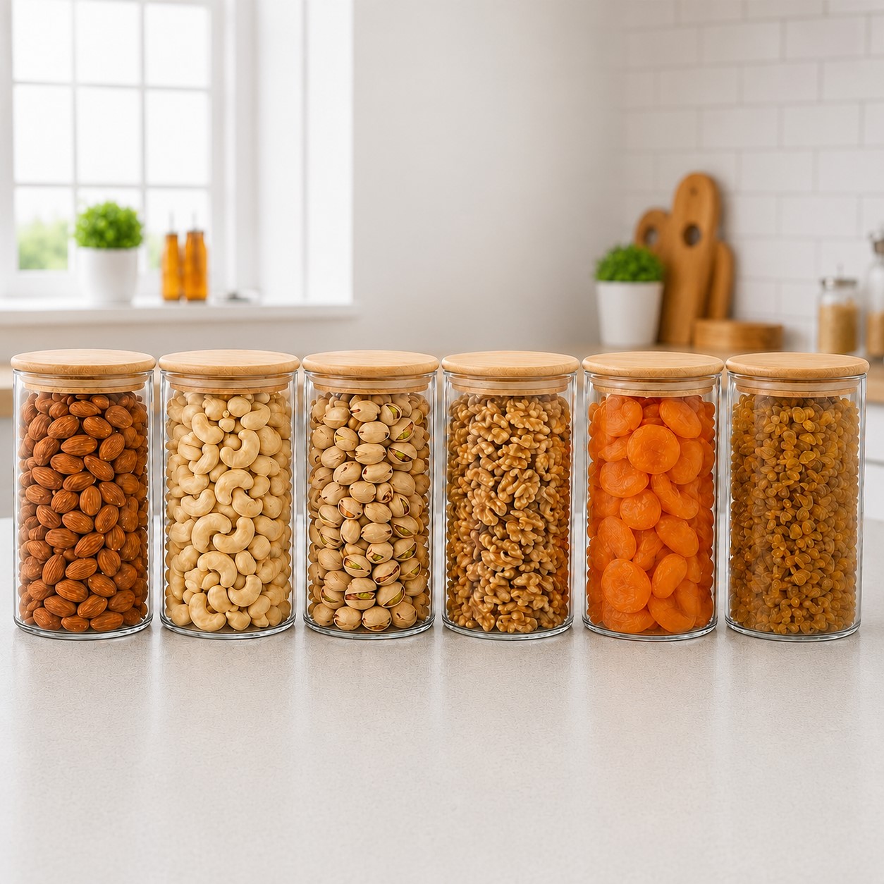 CP Set of 6 Round Glass Storage Containers 1400ml Each with Wooden Lid | Premium Kitchen Storage Jars | Food Grade Glass Canisters for Dry Fruits, Cereals, Pulses, Snacks & Pantry Organization