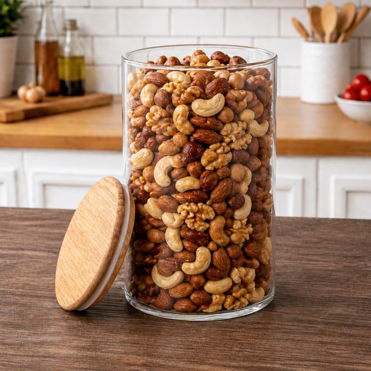 CP 1400ml Round Glass Storage Container with Natural Wooden Lid | Airtight Kitchen Storage Jar | Premium Glass Canister for Dry Fruits, Snacks, Cookies & Grocery Storage | Set of 1