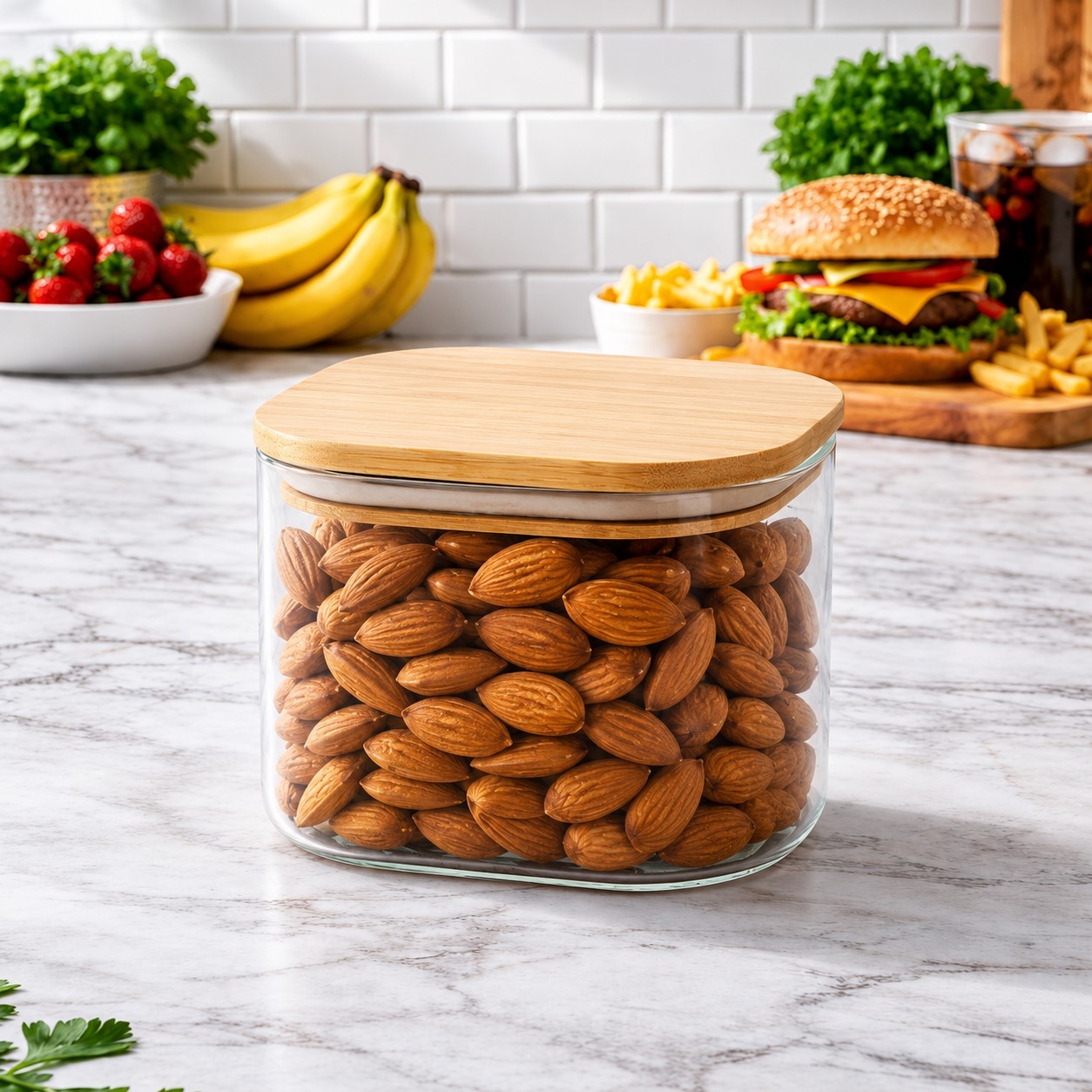 CP Square Glass Storage Container with Wooden Lid 450ml | Borosilicate Airtight Container | Dry Fruit, Cookie & Snack Storage | Set of 1