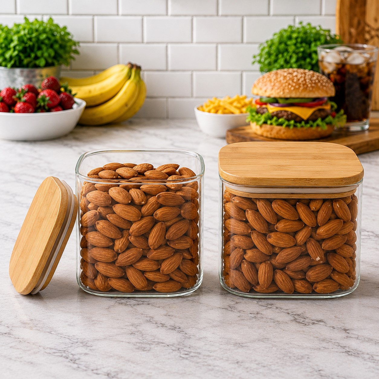 CP Premium Glass Storage Containers Set of 2 | 450 ML Square Glass Jars with Wooden Lids | Kitchen Pantry Organizer for Dry Fruits, Cookies, Snacks, Tea, Coffee, Sugar & Spices