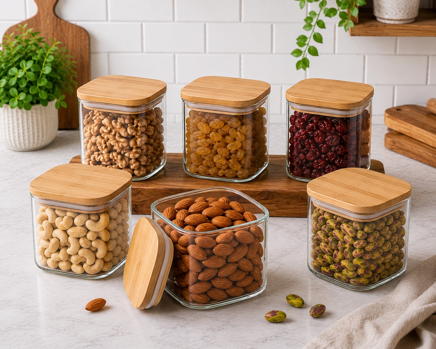 CP Elegant Glass Storage Canister Set of 6 | 450 ML Square Glass Containers with Wooden Lids | Premium Kitchen Storage Jars for Dry Fruits, Nuts, Cookies, Spices & Pantry Essentials
