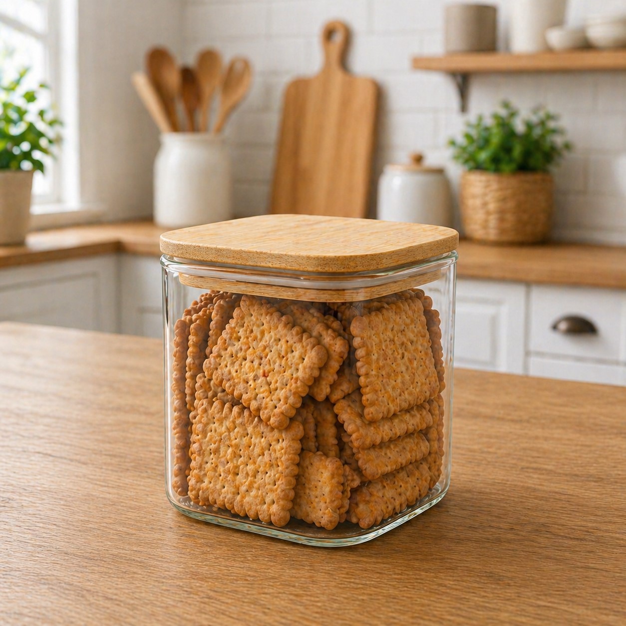 CP Airtight Square Glass Storage Jar 685ml | Wooden Lid Kitchen Container for Cookies, Snacks & Dry Fruits | Set of 1pc