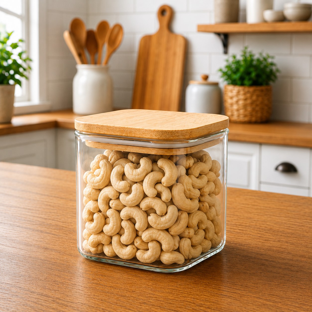 CP Airtight Square Glass Storage Jar 685ml | Wooden Lid Kitchen Container for Cookies, Snacks & Dry Fruits | Set of 1pc