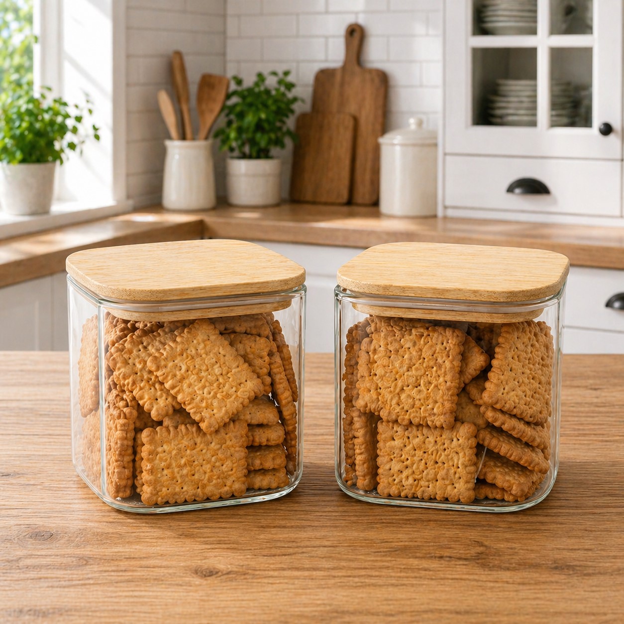 CP Premium Glass Storage Containers Set of 2 | 685 ML Square Glass Jars with Wooden Lids | Kitchen Pantry Organizer for Dry Fruits, Nuts, Cookies, Snacks, Oats, Tea, Coffee & Sugar Storage