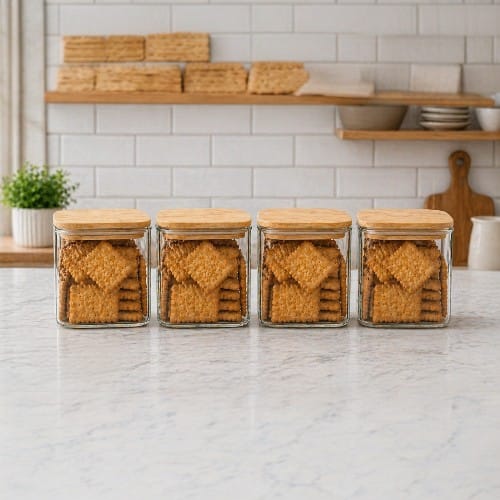 CP Premium Kitchen Glass Containers Set of 4 | 685 ML Glass Canisters with Wooden Lids for Cookies, Snacks & Dry Fruits