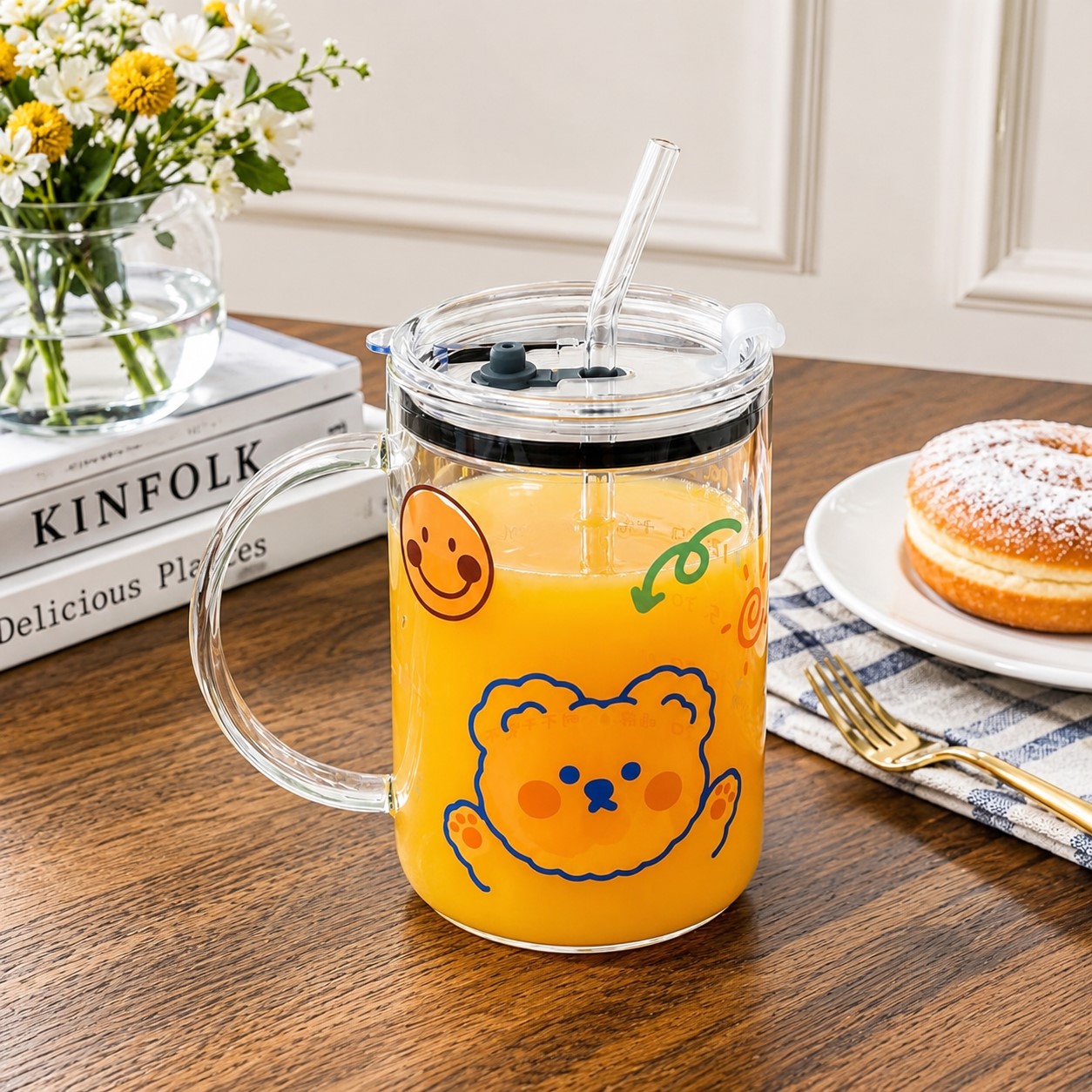 CP Premium 1000 ML Borosilicate Glass Tumbler with Handle, Leakproof Lid & Reusable Glass Straw | Cute Bear Printed Drinking Mug for Juice, Coffee, Smoothies & Water | Set of 1