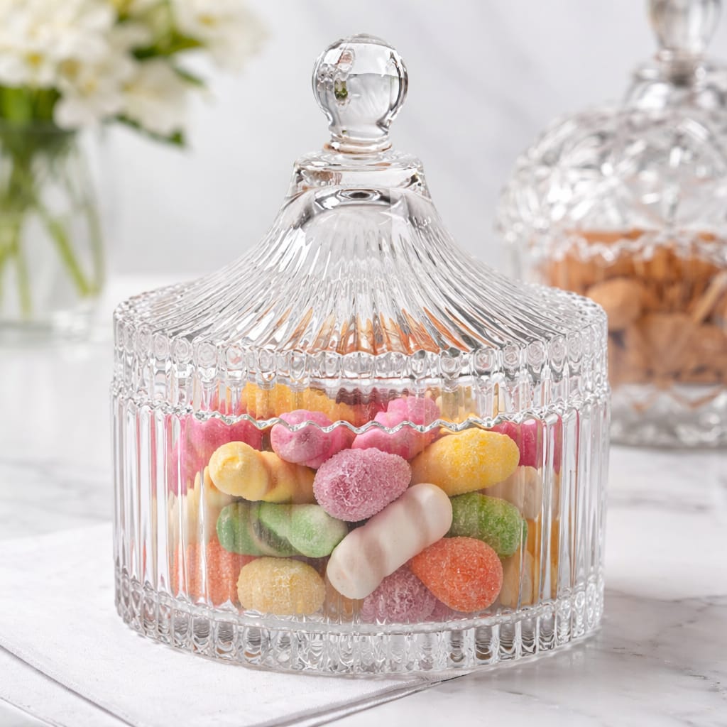 CP Premium Crystal Candy Jar with Lid | 250 ML Decorative Glass Candy  | Crystal Candy for Chocolates, Cookies, Dry Fruits  | Set of 1