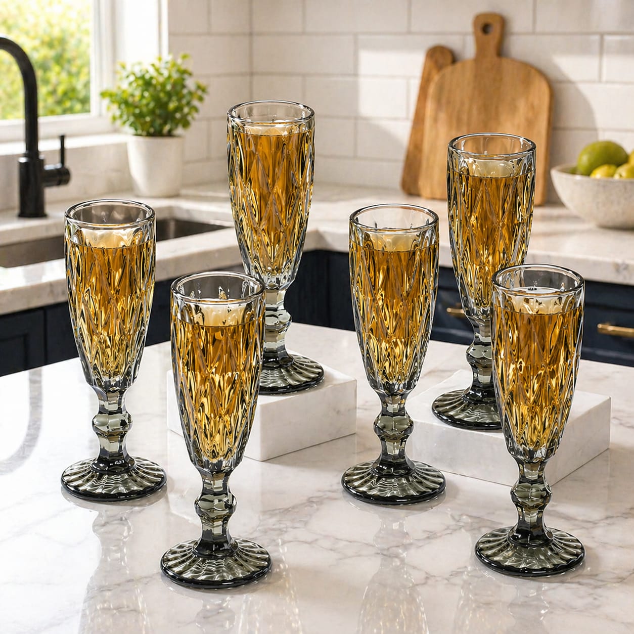 CP Premium Champagne Glass Set of 6, 165 ML Grey Tinted Crystal Finish Stemmed Champagne Flutes for Sparkling Wine, Mocktails, Juice & Party Drinks