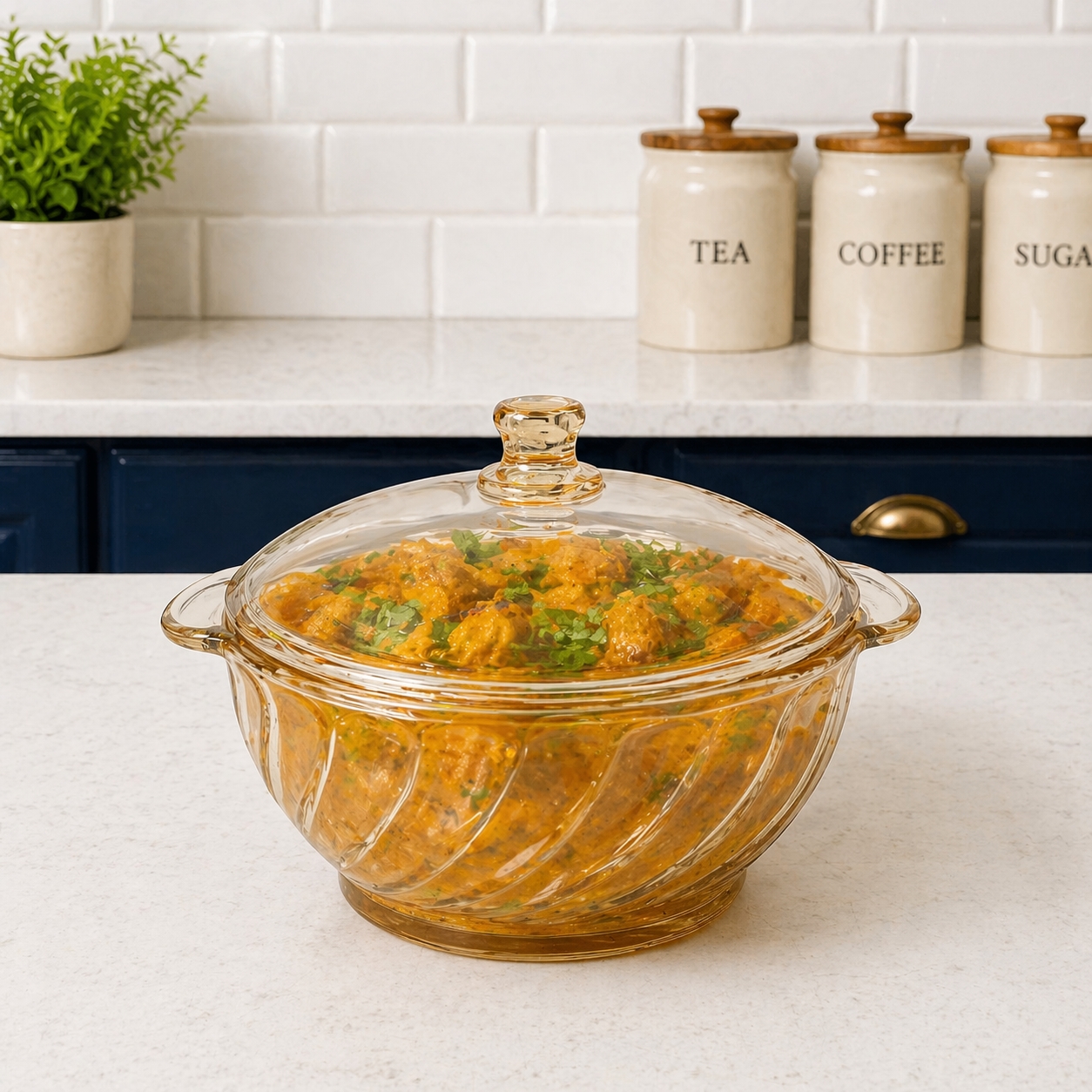 CP Premium 1050ml Glass Serving Bowl with Lid | Heat Resistant Round Serving bowl | Elegant Amber Glass Bowl for Curry, Dal, Sabzi & Biryani | Set of 1