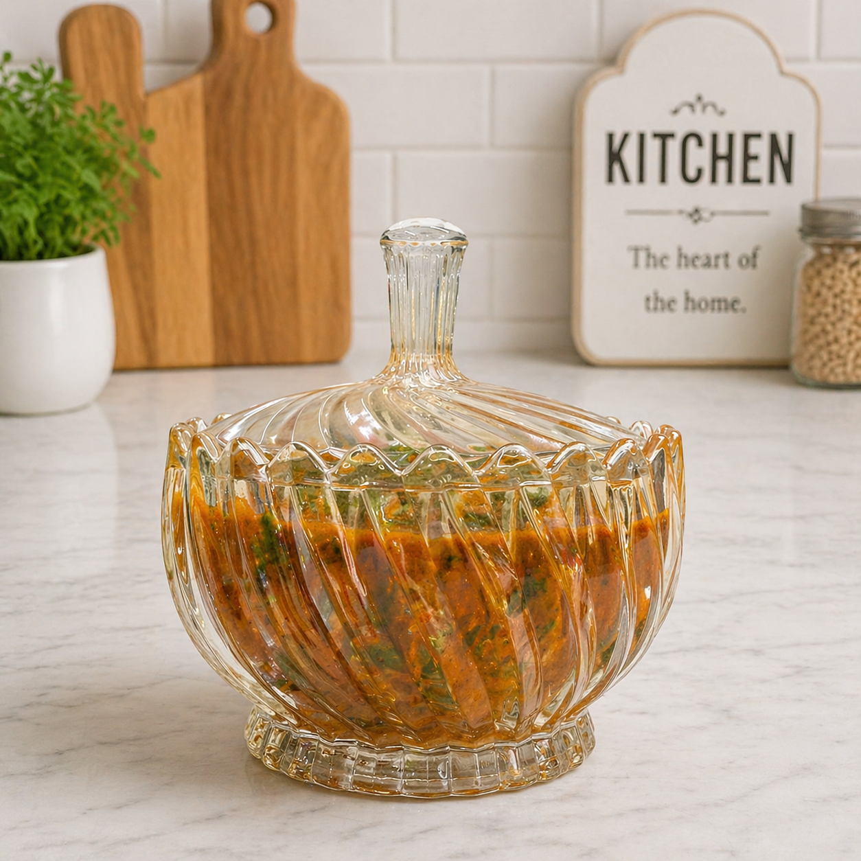 CP 1050ml Premium Amber Glass Serving Bowl with Lid | Decorative Embossed Glass Bowl | Large Curry, Dal, Sabzi, Salad & Pasta Serving Dish | Elegant Tableware | Set of 1