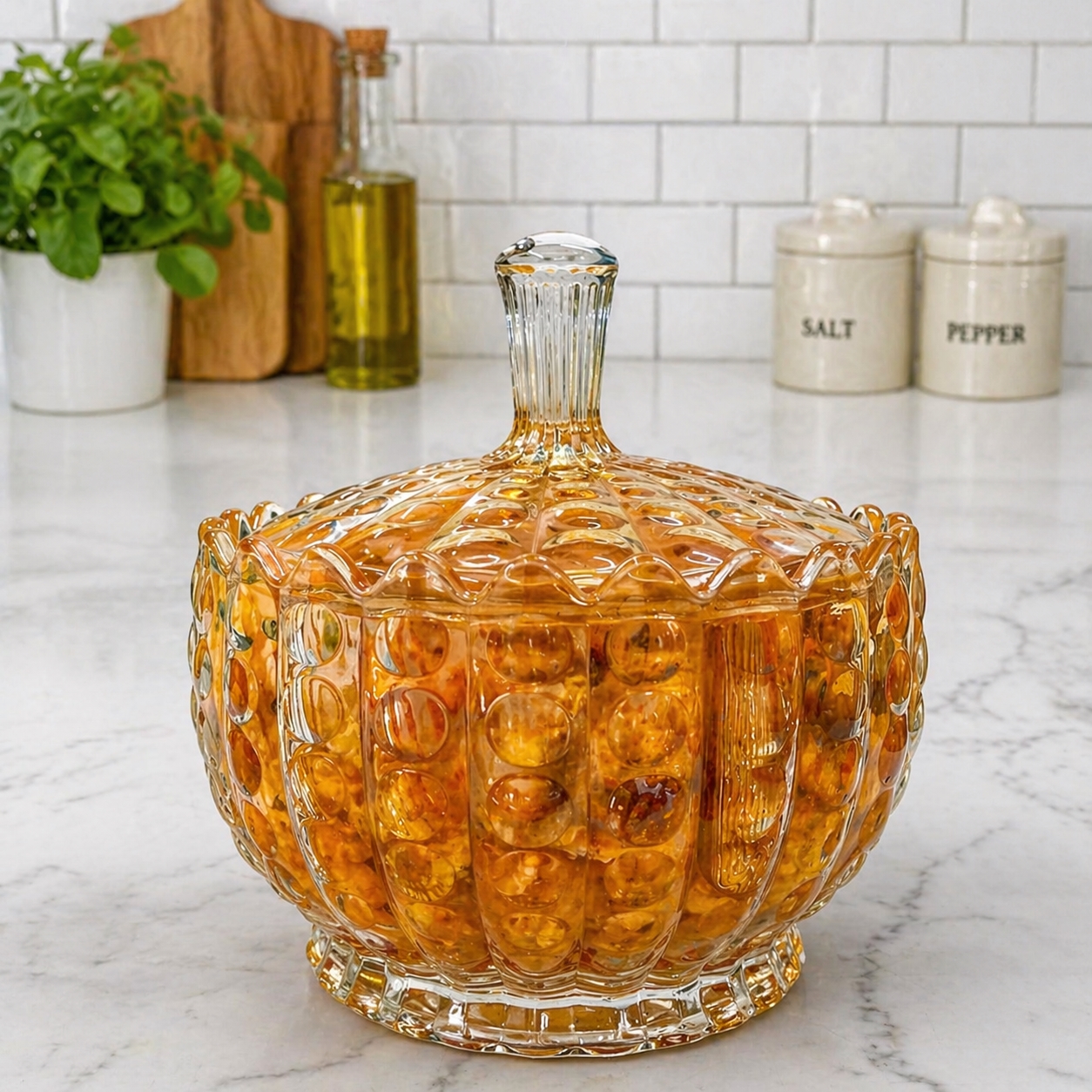 CP 1050ml Premium Amber Glass Serving Bowl with Lid | Set of 1| Luxury Embossed Glass Casserole Bowl | Decorative Glass Serving Dish for Curry, Dal, Sabzi, Biryani, Rice, Pasta, Salad & Desserts | Set of 1