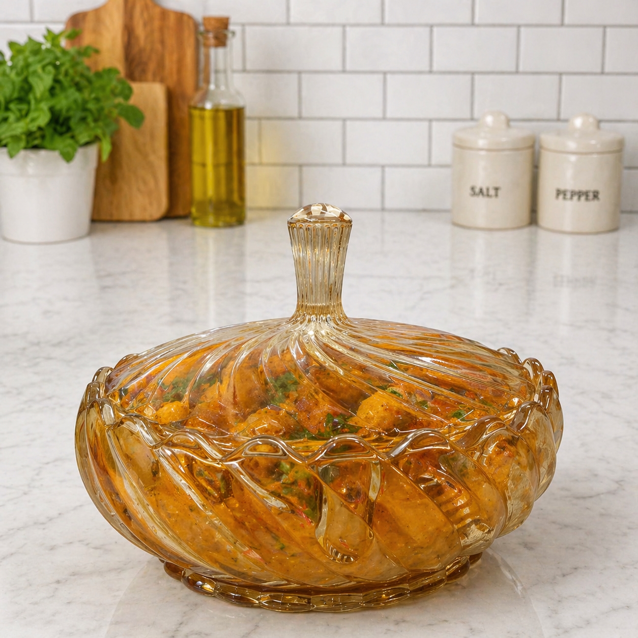 CP 1140ml Premium Glass Serving Bowl with Lid |Decorative Glass Serving Dish for Curry, Dal, Sabzi, Biryani, Rice, Pasta, Salad & Dessert | Set of 1