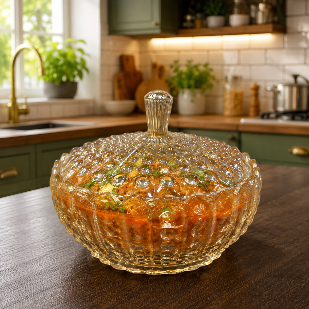 CP Premium Amber Glass Serving Bowl with Lid 1140ml | Luxury Decorative Glass Serving Bowl | Multipurpose Serving Dish for Curry, Dal, Sabzi, Biryani, Salad & Pasta | Elegant Tableware | Set of 1