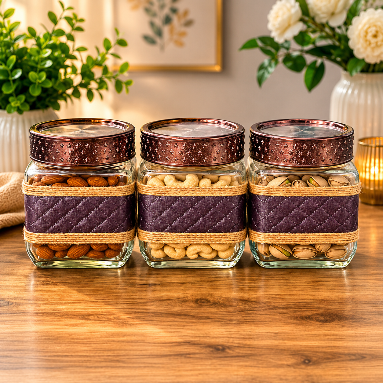 CP Premium Decorative Glass Jar Set of 3 (780 ML Each) | Designer Multipurpose Storage Jars with Metal Lid | Kitchen Containers for Dry Fruits, Tea, Coffee, Sugar, Cookies & Snacks
